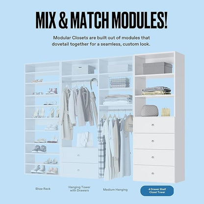 MC Modular Closets Closet Organizer - Tower with 4 Drawers, White, 19.5" W x 14" D x 71.25" H, 350 lb Capacity