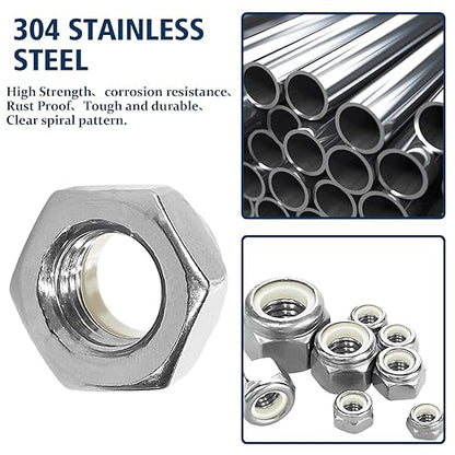 113PCS Locknuts Assortment Kit, 6#32 8#32 10#24 10#32 1/4-20 5/16-18 3/8-16 1/2-13 SAE Lock Nuts, 304 Stainless Steel Nylon Insert Hex Lock Nuts, Hex Drive