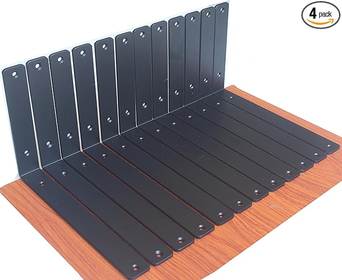 4 Pack - L 12" x H 8" x W1.5, 5mm Thick Black L Shelf Bracket, Iron Shelf Brackets, Metal Shelf Brackets, Floating Shelf, Shelf Supports with Screws