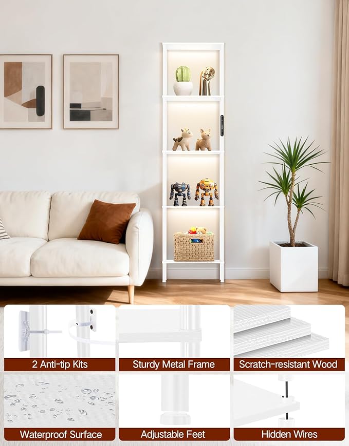 5 Tier Tall Display Shelves with LED Lights, Touch & Remote Control, Dimmable Display Cabinet, Open Bookshelf with 3 Color Temperature, Timer for Living Room, Bedroom, Home Decor(White)