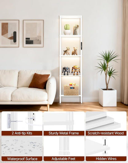 5 Tier Tall Display Shelves with LED Lights, Touch & Remote Control, Dimmable Display Cabinet, Open Bookshelf with 3 Color Temperature, Timer for Living Room, Bedroom, Home Decor(White)