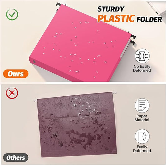 Extra Capacity Plastic Hanging File Folders,12 Pack Reinforced Expanding Hang Folder Letter Size,Accordian Pocket,Heavy Duty 2 Inch Expansion, Hard Hanging Folder Organizer for Office Home,Pink