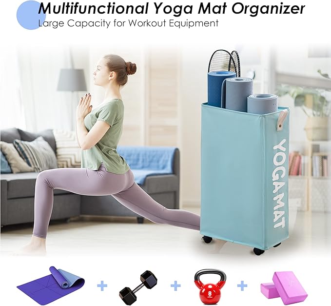 Caroeas Yoga Mat Storage Rack, Yoga Mat Holder Accessories, Home Gym Equipment Storage Yoga Mats, Women Men Workout Equipment Organization with Wheels
