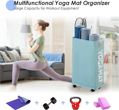 Caroeas Yoga Mat Storage Rack, Yoga Mat Holder Accessories, Home Gym Equipment Storage Yoga Mats, Women Men Workout Equipment Organization with Wheels