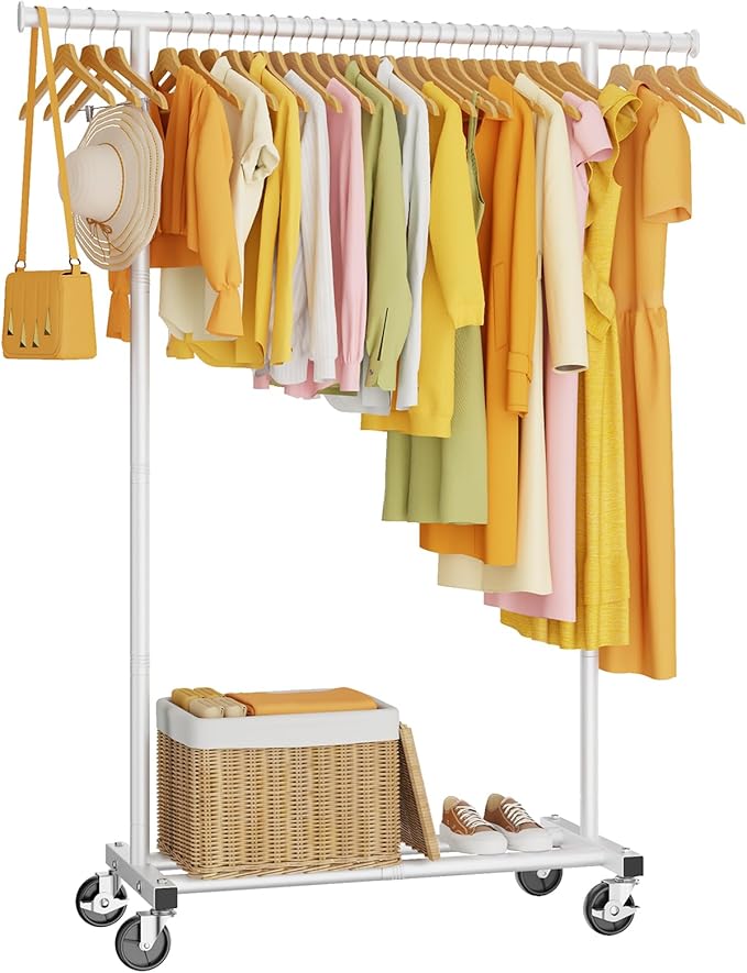 Clothes Rack, Clothing Rack for Hanging Clothes, Rolling Garment Rack Sturdy Coat Rack Portable Wardrobe Rack Metal Closet Rack for Bedroom Laundry Living Room, White