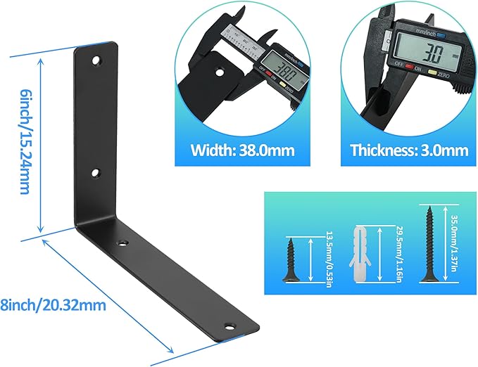 L Floating Shelf Brackets,10 Pack Heavy Duty L Brackets for Shelves, L 8" X H 6" Black Metal Countertop Support Brackets,Wall Mounting for Wood