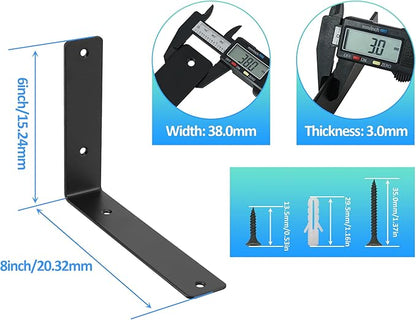 L Floating Shelf Brackets,20 Pack Heavy Duty L Brackets for Shelves, L 8" X H 6" Black Metal Countertop Support Brackets,Wall Mounting for Wood