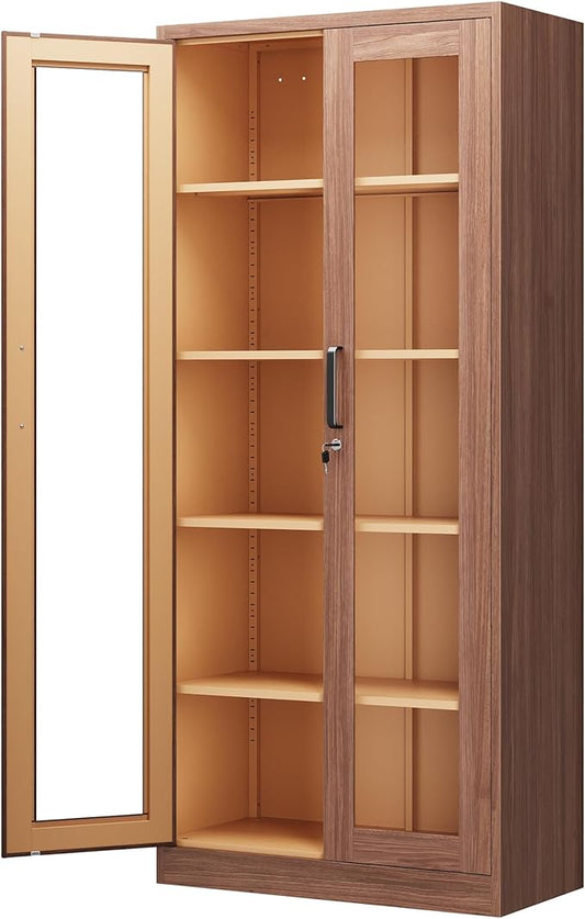 Display Cabinet with Glass Doors, 71 Inches Metal Display Case with 4 Adjustable Shelves, Curio Storage Cabinet with Lock for Home, Office, Book, Pantry, Assemble Required (Wood Color)