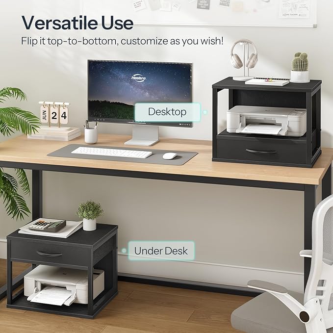 HOOBRO 2-Tier Desktop Printer Stand with Drawer, Under-Desk Printer Table with Storage Shelf, for Home Office, Kitchen, Fax Machine, Scanner, Black BB07PS01