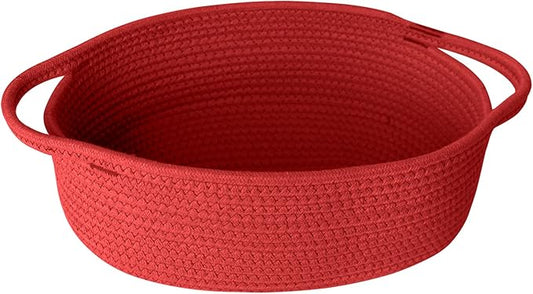 Small Woven Gift Basket, Baskets for Gifts Empty, Cotton Rope Cat Dog Toy Box, Nursery Baby Bin, Wicker Basket with Handles, Shelf Storage and Home Decor, Red, 12"x 8"x 5"