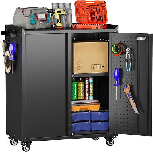 Garage Storage Cabinet with Wheels & Pegboard, 31.5" H Locking Metal Tool Storage Cabinet with Doors and Shelf & 4 Hooks for Garage, Home, Workshops, Assembly Required, Black