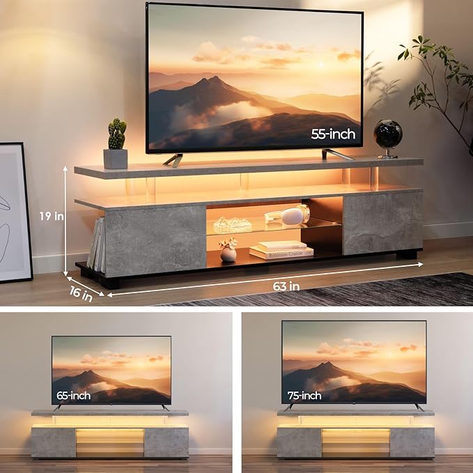 Grey TV Stands for Living Room,Glass TV Stand, LED TV Stand for 75+ inch TV,Entertainment Center for Living Room,Bedroom,Home Office