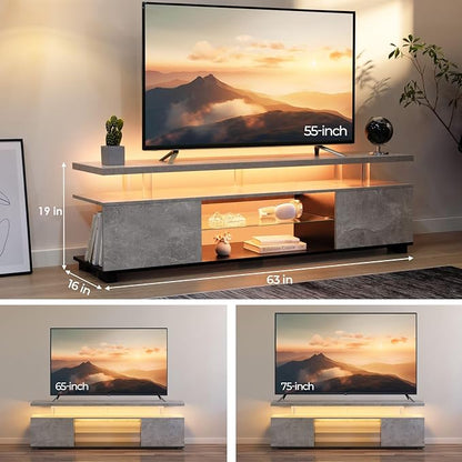 Grey TV Stands for Living Room,Glass TV Stand, LED TV Stand for 75+ inch TV,Entertainment Center for Living Room,Bedroom,Home Office