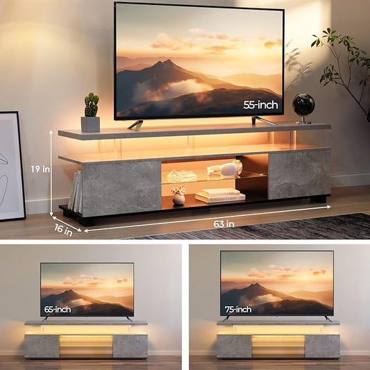 Grey TV Stands for Living Room,Glass TV Stand, LED TV Stand for 75+ inch TV,Entertainment Center for Living Room,Bedroom,Home Office