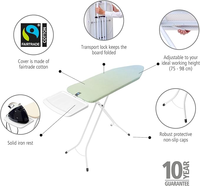 Brabantia - Ironing Board C - Extra Large Steam Unit Holder - Adjustable in Height - Non-Slip Rubber Feet - Cotton Cover with Foam Layer - Foldable XL Unit - Soothing Sea - 49 x 18 inches