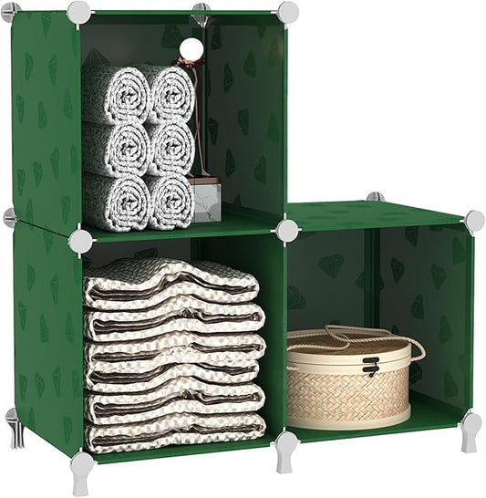 UNKU Cube Storage Organizer, 3 Cube Closet Organizer Storage Shelves, DIY Stackable Bookcase, Clothes Organizer Shelf for Closet, Bedroom, Living Room, Cabinet, Home, Office, Green