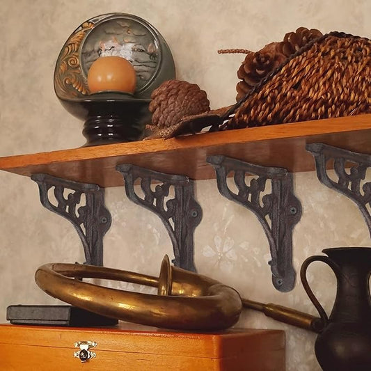 8 Pack 4-1/8 x 3-5/8 Rusty Antique Shelf Brackets Decorative L Cast Iron Shelf Bracket Brace Heavy Duty Wall Mounted Floating Rustic Vintage Baroque for Farmhouse DIY