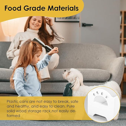 Dog Treat Container, Food Storage Container with 3 Plastic Dog Treat Jars, Reusable Cat Treat Container, Pet Treat Storage Organizer, Wood Dog Treat Holder, Dog Food Container for Dog Cat(white)
