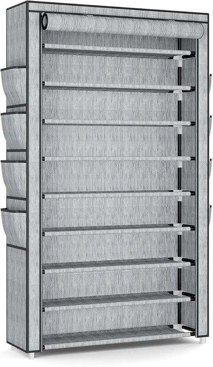 Shoe Rack with Cover, 10 Tier Shoe Organizer Storage for 40-50 Pairs Sneaker and Boots, Large Capacity, with 8 Pockets, Free Standing Tall Shoe Rack for Front Door Entrance, Closet, Printing