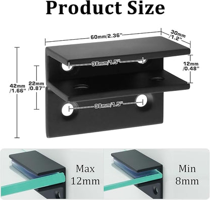 Alise Glass Shelf Brackets Black,Adjustable Shower Glass Clamps, Heavy Duty Clamp Holder, SUS304 Stainless Steel Brackets for 8-12mm Wood/Glass Shelves and Wall-to-Glass Connection,2 Pcs