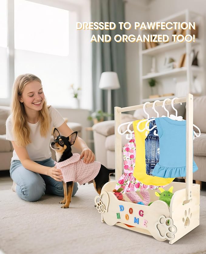 Wooden Dog Clothes Closet for Small Dogs, Pet Wardrobe with Hanging Rod & 10 Hangers, Clothing Rack & Toy Storage for Chihuahua Yorkie Pomeranian, DIY Name Plates, for Dog Moms