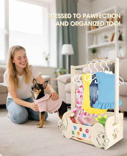 Wooden Dog Clothes Closet for Small Dogs, Pet Wardrobe with Hanging Rod & 10 Hangers, Clothing Rack & Toy Storage for Chihuahua Yorkie Pomeranian, DIY Name Plates, for Dog Moms