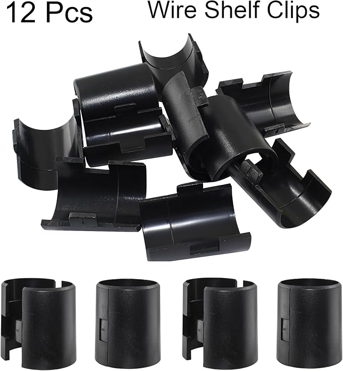 Hordion 12Pcs Wire Shelf Clips, Plastic Shelf Lock Clips for 1-1/2 Inch Post- Shelving Sleeves Replacements, Shelves Accessories for Wire Shelving System (Black)
