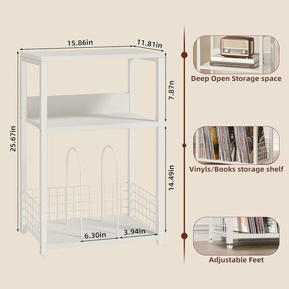 LELELINKY White Side Table,Small Printer Stand with Storage Shelf,3 Tier Industrial Bedside Tables,Vinyl Record Player Stand,Modern Sofa Night Stands for Living Room Bedroom Office Small Spaces