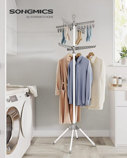 SONGMICS 2-Tier Clothes Drying Rack, 72-Inch Folding Laundry Drying Rack with 3 Rotatable Arms for Hangers, 24 Clips, Stainless Steel, for 27 Pieces of Clothes, Gray and White ULLR512G01