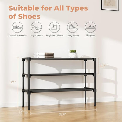 32.3" Widening Design Shoe Rack for Closet 16 Pairs Small Spaces Non-Woven 3 Tier Shoe Organizer Stackable Metal Shoe Shelf for Entryway, Bedroom