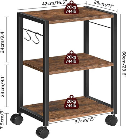 Printer Stand, 3-Tier Under Desk Rolling Cart with Storage Shelf, Heavy Duty Printer Table with Wheels for Home and Office, Printer Shelf with 2 Hooks, Small Spaces, Rustic Brown PTHR4001Z