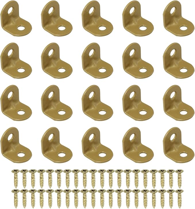 Heyous 20PCS Furniture Corner Brace Hooks Fasteners Mini Brackets Gold Iron Wall Mount Corner L Bracket with Screws 0.75 Inch x 0.75 Inch for Cabinet Closet Chair and Table