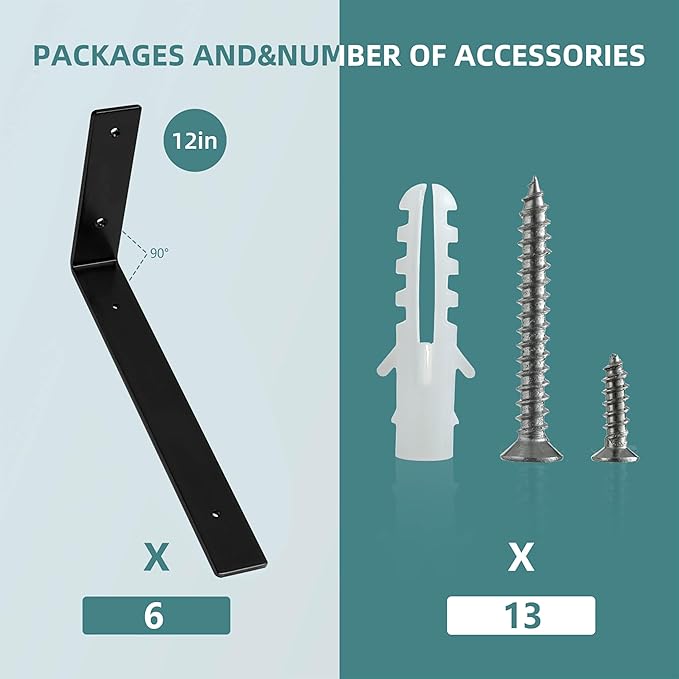 HEART ART 12 Pack Shelf Brackets 10 inch,L Brackets for Shelves,Black Heavy Duty Metal Shelf Brackets,10”x6”x1.4”