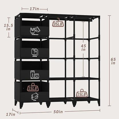 Portable Closet, Easy Assembly, Large Capacity Wardrobe Closet, Sturdy and Stable Clothes Rack with Shelves 4 Storage Baskets and 2 Hanging Rods, for Bedroom and Cloakroom Black