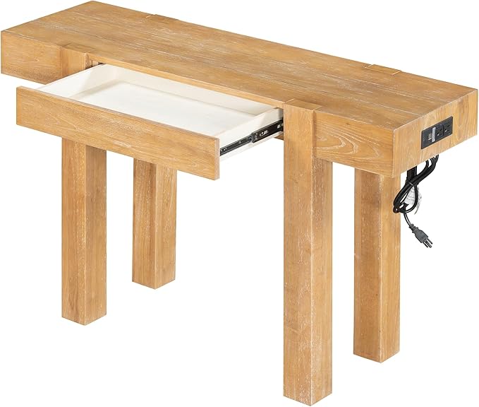 Rustic Minimalist Console Table with Hidden Drawer, Side Power Outlet,Hallway Table for Entryways Living Rooms Home Offices (Natural#USB)
