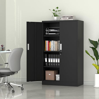 Metal Storage Cabinet with Locking Doors and Adjustable Shelves, 53.5-Inch Tall Lockable Storage Cabinets for Home Office Garage Kitchen Pantry (Black)