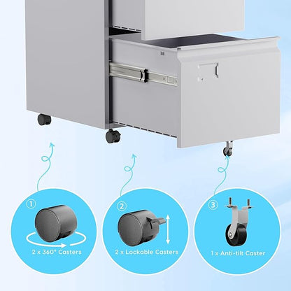 Aobabo 2 Drawer Filing Cabinet with Wheels, Lockable Metal File Cabinet with Business Card Slot for Legal/Letter Size Home Office, Required Assembled,White