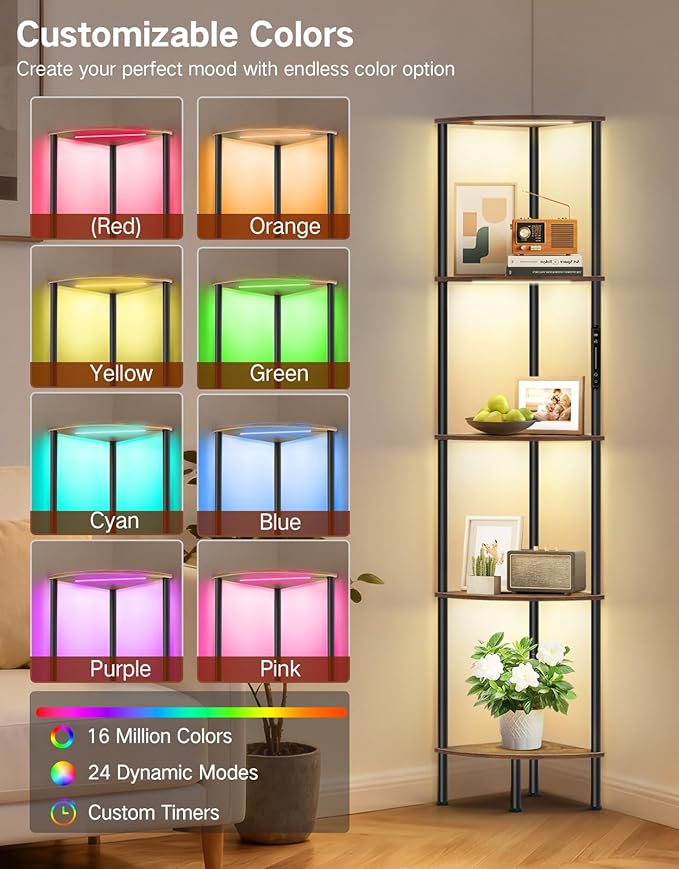 5 Tier Corner Shelf with RGB Lights, Touch & APP & Remote Control, Dimmable Narrow Corner Bookshelf with Music Sync, Display Shelf with Multiple Color Lights for Living Room, Bedroom