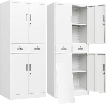 BESFUR Metal Storage Cabinet with 2 Drawers 4 Doors and 2 Adjustable Shelves Garage Storage Cabinet with Lock 71" Office Storage Cabinets Locking Cabinets for Garage Office Shop Home (White)