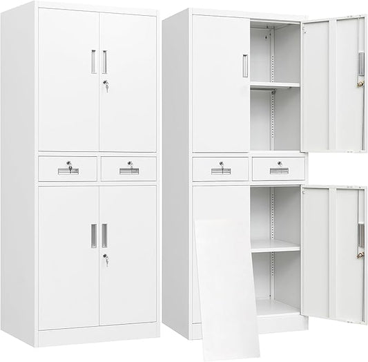 BESFUR Metal Storage Cabinet with 2 Drawers 4 Doors and 2 Adjustable Shelves Garage Storage Cabinet with Lock 71" Office Storage Cabinets Locking Cabinets for Garage Office Shop Home (White)