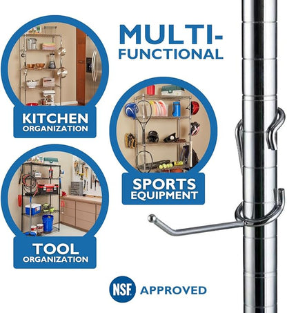 Shelf Pole Hooks 5-Pack | 4" Chrome J Hooks for 1-Inch Poles ONLY | Heavy-Duty Snap-On Hooks for Wire, Metal & Metro Shelving | Garage, Kitchen & Home Storage