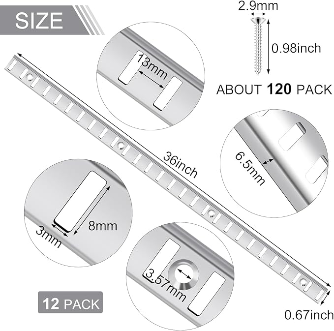 12 Pcs 36 Inch Metal Mortise Mount Pilaster Shelf Brackets and 72 Pcs Shelf Clips for Wall Shelving System Closet Organization Storage