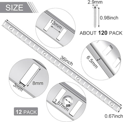 12 Pcs 36 Inch Metal Mortise Mount Pilaster Shelf Brackets and 72 Pcs Shelf Clips for Wall Shelving System Closet Organization Storage