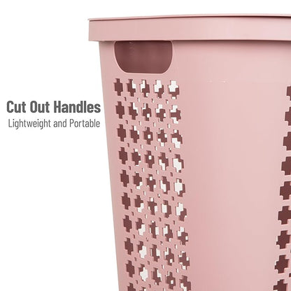 Mind Reader Slim Tapered Laundry Hamper with Lid, Clothes Basket with Swiss Cross Cut-Outs, Lightweight & Ventilated, Plastic, 16.75"L x 12.75"W x 23"H, Pink