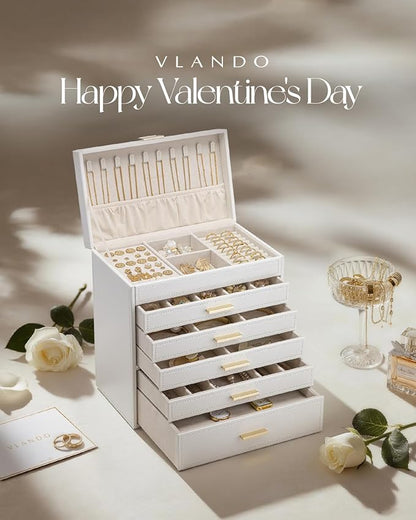 Vlando 6 Layer Large Jewelry Box - Jewelry Holder Organizer, Jewelry Box Organizer for Drawer Necklace Ring Bracelet and Watch, Birthday Gift for Loved Ones - White
