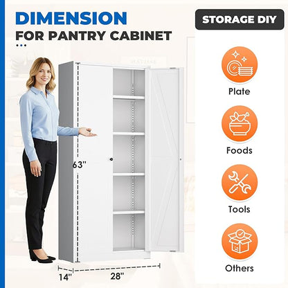 INTERGRAET 63" H Pantry Cabinet, Kitchen Pantry Storage Cabinets with 2 Doors and 4 Shelves, Metal Storage Cabinet,Cupboard for Home,Kitchen,Living Room/Dining, White