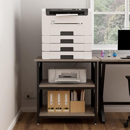 Large Printer Stand with Power Outlet, with Height Adjustable Storage Shelf, 3 Tier Rolling Printer Cart with Industrial Wheels, 23.6 x 23.6 Inches Printer Table for Home Office, Greige