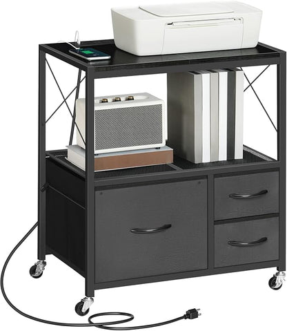 File Cabinet with Charging Station, 3 Drawer Lateral Filing Cabinet for Home Office, Mobile Printer Stand with Open Shelf, Fits A4/Letter Size File, Nonwovens Drawer, Black FCHB98E01