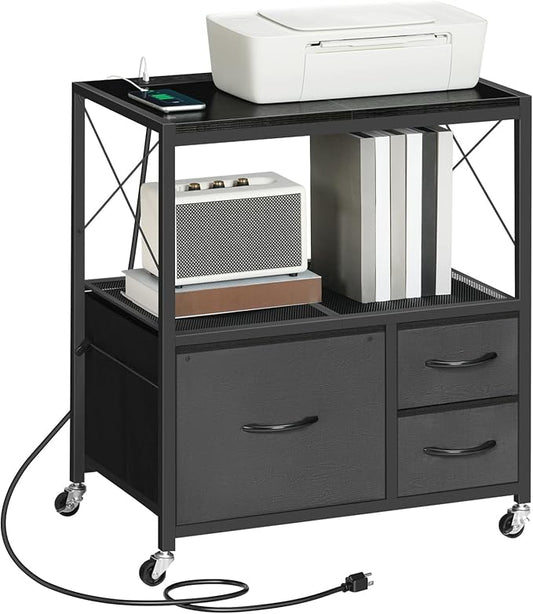File Cabinet with Charging Station, 3 Drawer Lateral Filing Cabinet for Home Office, Mobile Printer Stand with Open Shelf, Fits A4/Letter Size File, Nonwovens Drawer, Black FCHB98E01