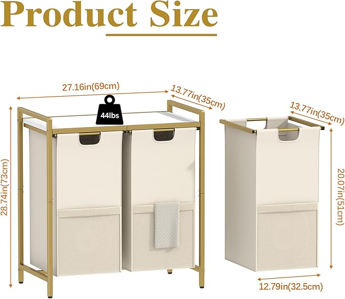 Laundry Hamper, double Laundry Basket, Laundry Sorter with Top Shelf & 2 Removable Washable Bags & Side Pockets for Laundry Room organization, Bathroom and Dorm, Gold and White
